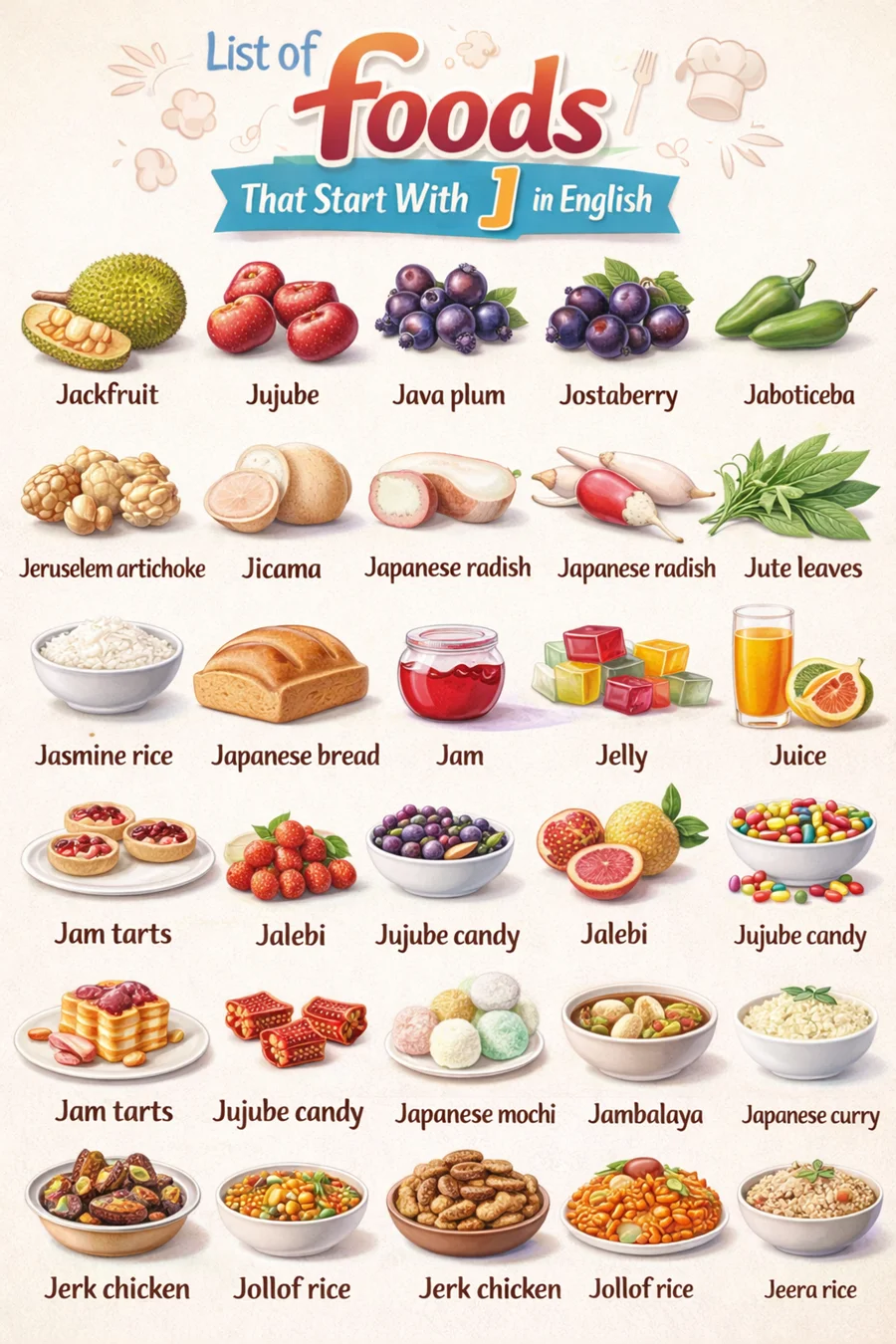 list of common food names starting with j